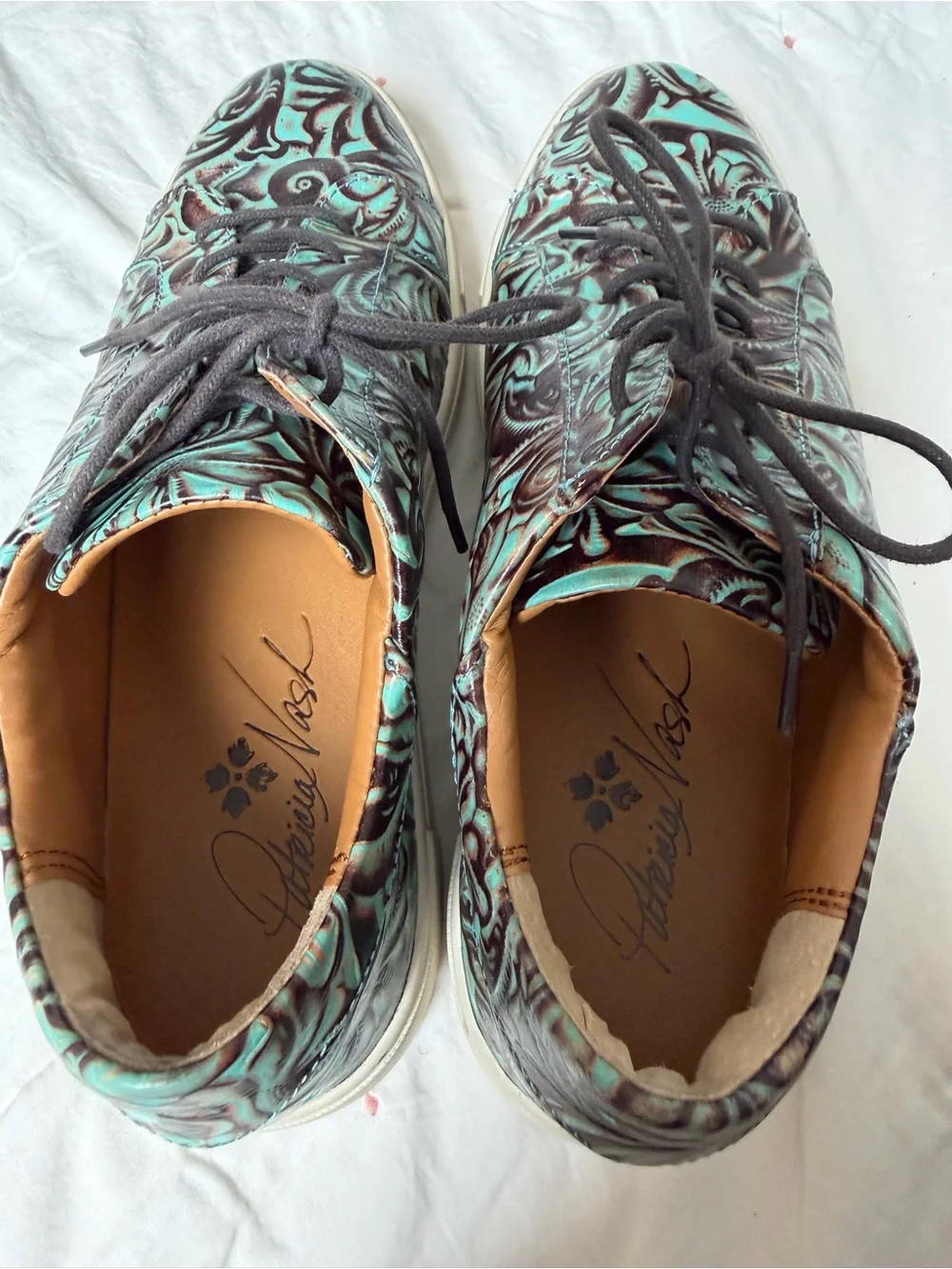Patricia Nash Turquoise and Black Embossed Leather Sneakers - Picture 4 of 5